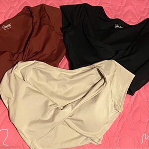 Bombshell sportswear knot bundle of Three Bralette Tops-Black, marron, and Cream